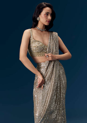Gold Ready Pleated Sequin Net Saree with Blouse