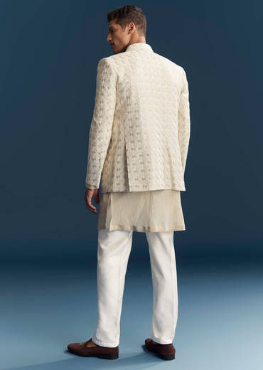 Gold Silk Kurta Jacket Set For Men With Embellishments