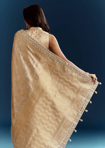 Gold Tissue Brocade Saree With Tassels And Gota Patti Moti Embroidery