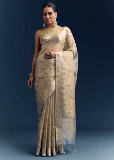 Gold Tissue Organza Saree With Zari And Resham Embroidery