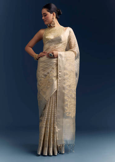 Gold Tissue Organza Saree With Zari And Resham Embroidery