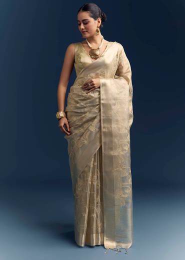 Gold Tissue Organza Saree With Zari And Resham Work