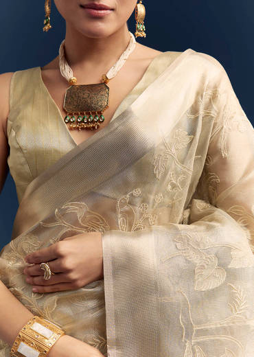Gold Tissue Organza Saree With Zari And Resham Work