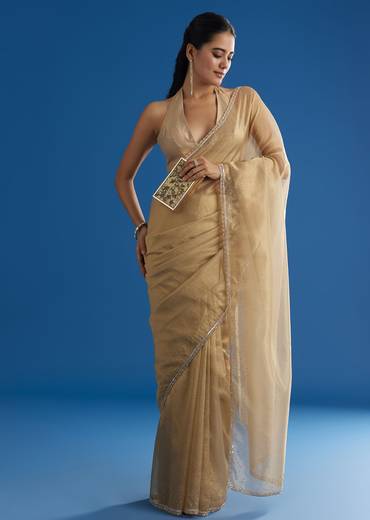 Gold Tissue Saree With Cutdana Sequins And Beads Embroidery