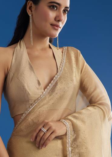 Gold Tissue Saree With Cutdana Sequins And Beads Embroidery