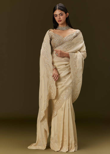 Gold Tissue Saree With Embroidered Brocade Blouse
