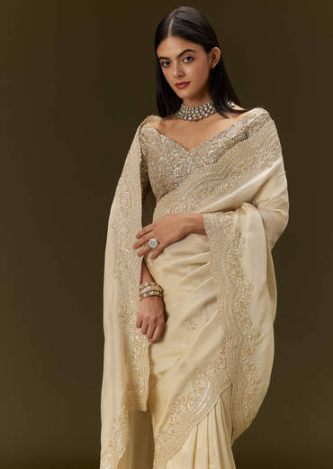 Gold Tissue Saree With Embroidered Brocade Blouse