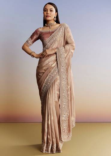 Gold Tissue Saree With Heavy Embroidered Border And Blouse