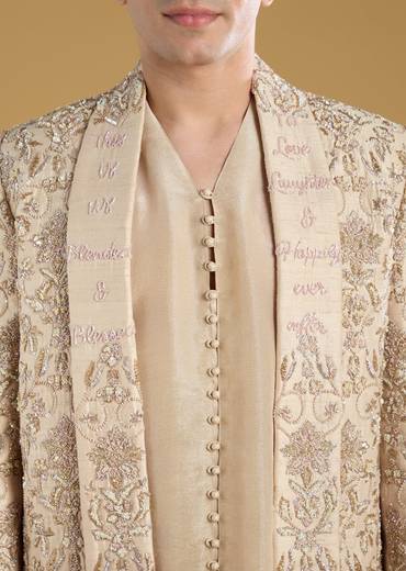 Gold Tissue Sherwani With Zari Cut Dana And Sequins Work