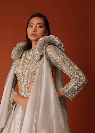 Gold Embroidered Western Bridal Gown In Organza With Shoulder Wings