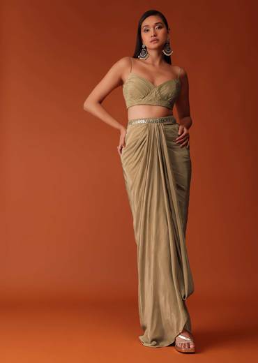 Gold Festive Dhoti Suit Set In Crepe With Foil Embroidery