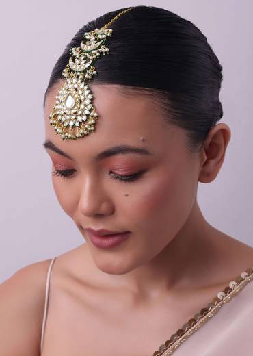 Gold Finish Green Kundan Maang Tikka