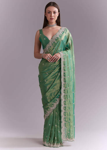 Grass Green Silk Saree With Heavy Hand Embroidery