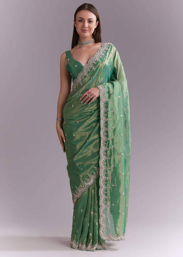 Grass Green Silk Saree With Heavy Hand Embroidery