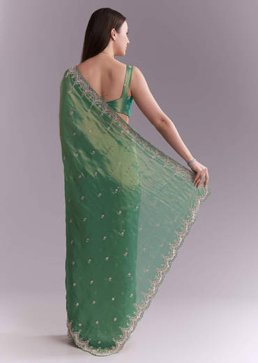 Grass Green Silk Saree With Heavy Hand Embroidery