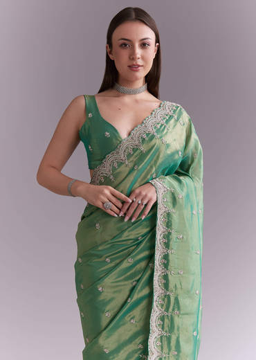 Grass Green Silk Saree With Heavy Hand Embroidery