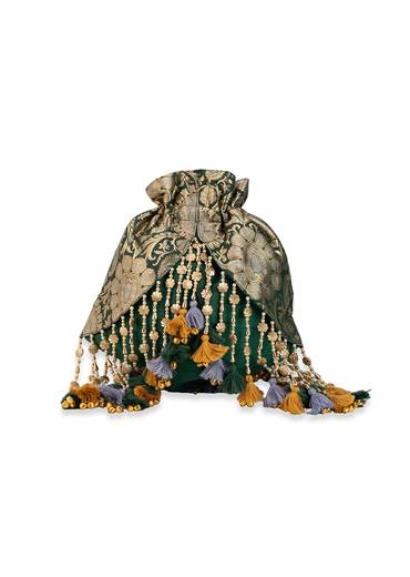 Green and Gold Embellished Tassel Potli Bag