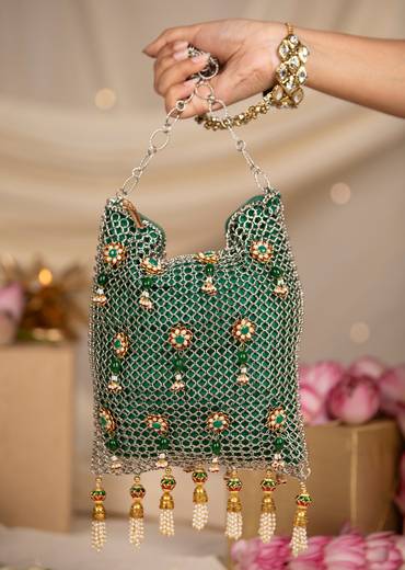 Green and Gold Jaal Mesh Pearl Embellished Bag