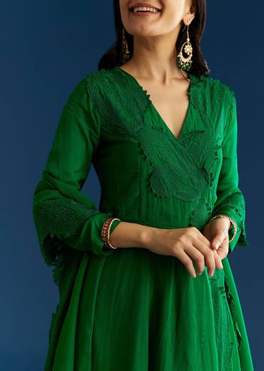 Green Angrakha Style Anarkali Suit With Resham Work