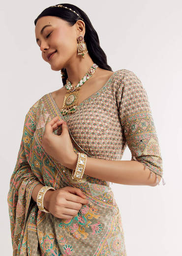 Green Beige Sweetheart Neck Georgette Printed Lehenga With Crepe Dupatta