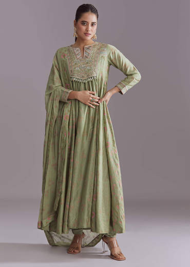 Green Chanderi Anarkali Suit With Boho Prints