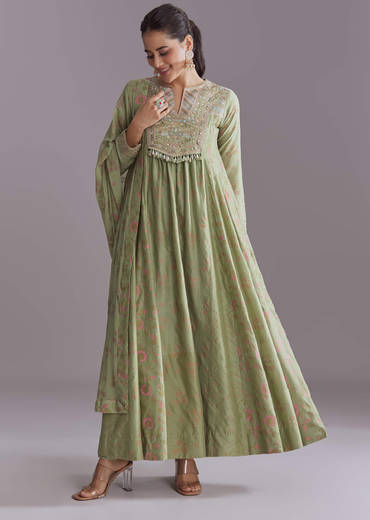Green Chanderi Anarkali Suit With Boho Prints