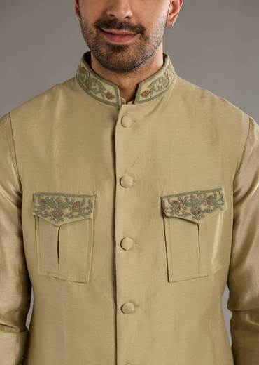 Green Chanderi Linen Kurta Jacket Set For Men With Dori Work