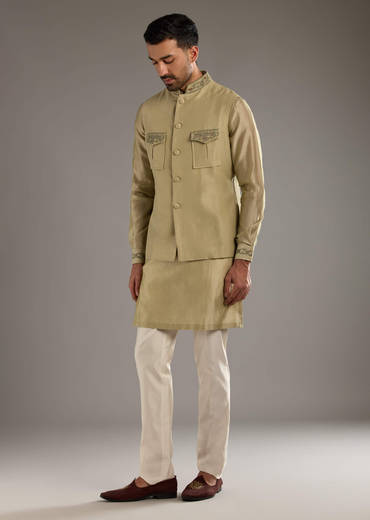 Green Chanderi Linen Kurta Jacket Set For Men With Dori Work