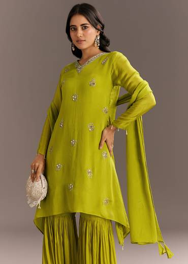 Green Chinon Asymmetrical Cut Kurta Sharara With Dupatta