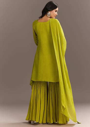 Green Chinon Asymmetrical Cut Kurta Sharara With Dupatta