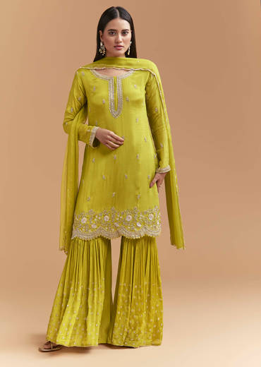Green Chinon Sharara Suit With Heavy Hand Embroidery
