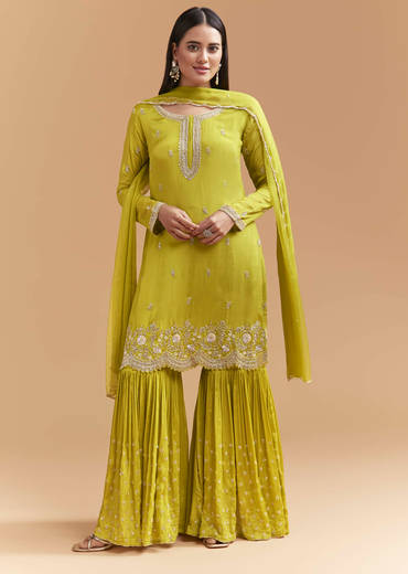 Green Chinon Sharara Suit With Heavy Hand Embroidery