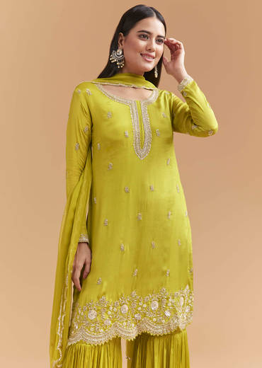 Green Chinon Sharara Suit With Heavy Hand Embroidery