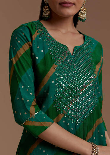 Green Cotton Silk Kurta Set with Foil Mirrors
