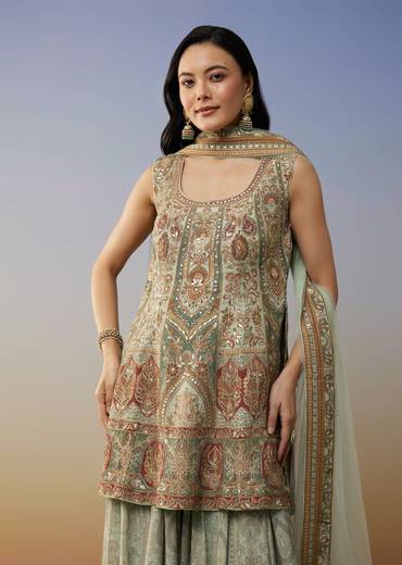 Green Crepe Palazzo Suits with Gotta Lace Work