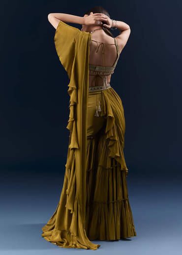 Green Crepe Ready Pleated Saree With Heavy Hand Embroidery