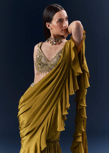 Green Crepe Ready Pleated Saree With Heavy Hand Embroidery