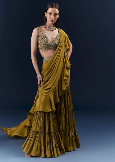 Green Crepe Ready Pleated Saree With Heavy Hand Embroidery