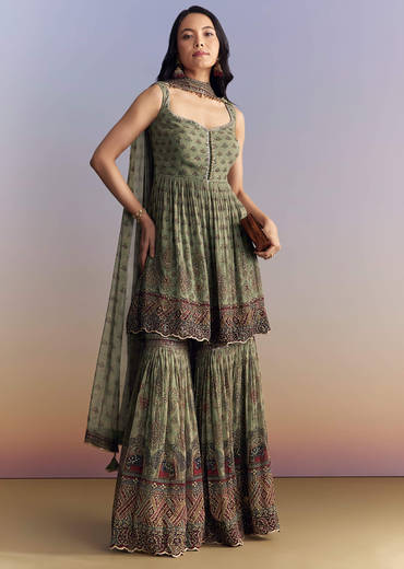 Green Crepe Sharara Suit With Indie Print And Stone Work
