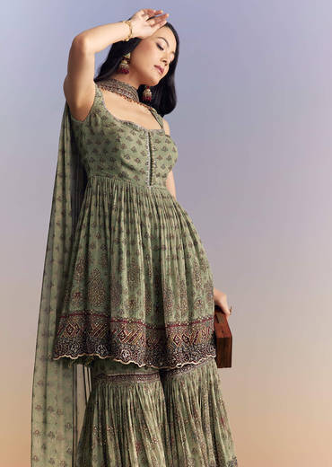 Green Crepe Sharara Suit With Indie Print And Stone Work