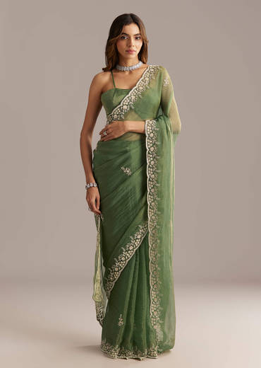 Green Crush Tissue Saree With Floral Embroidery And Stones