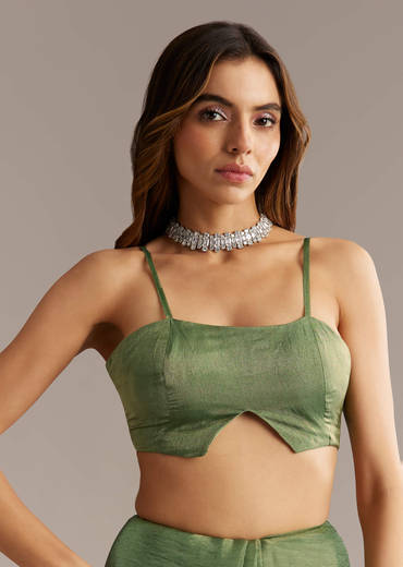 Green Crush Tissue Saree With Floral Embroidery And Stones