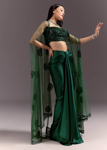 Green Drape Skirt Patched Jacket Set With Square Neck Blouse