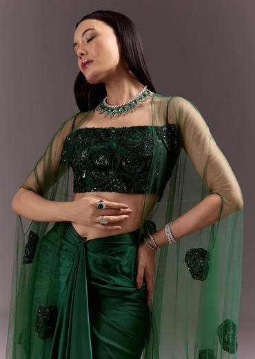 Green Drape Skirt Patched Jacket Set With Square Neck Blouse