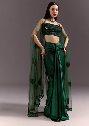 Green Drape Skirt Patched Jacket Set With Square Neck Blouse