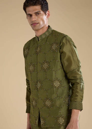 Green Embroidered Mens Satin Jacket Kurta and Pant Set
