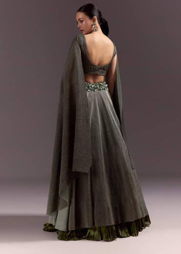 Green Georgette Lehenga Dupatta Set With Self Stone And Bead Work