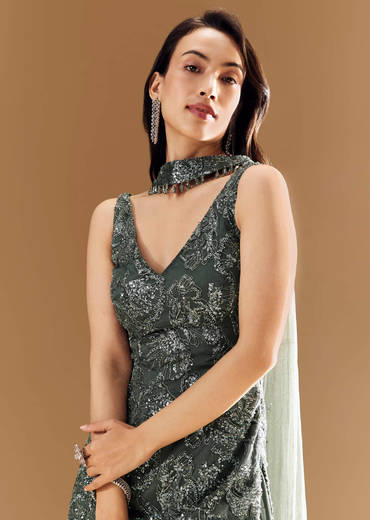 Green Georgette Palazzo Set with Choker Dupatta