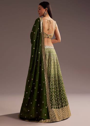 Green Gold Ombre Sequins Zari Georgette Lehenga Set
