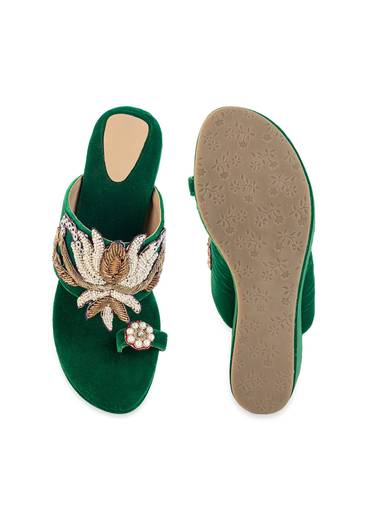 Green Hand Embellished Velvet Wedges